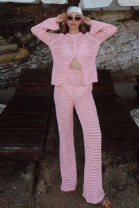 Pembe Ajurlu Hırka-Pantolon Kadın Triko Alt Üst Plaj Takım