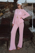 Pembe Ajurlu Hırka-Pantolon Kadın Triko Alt Üst Plaj Takım
