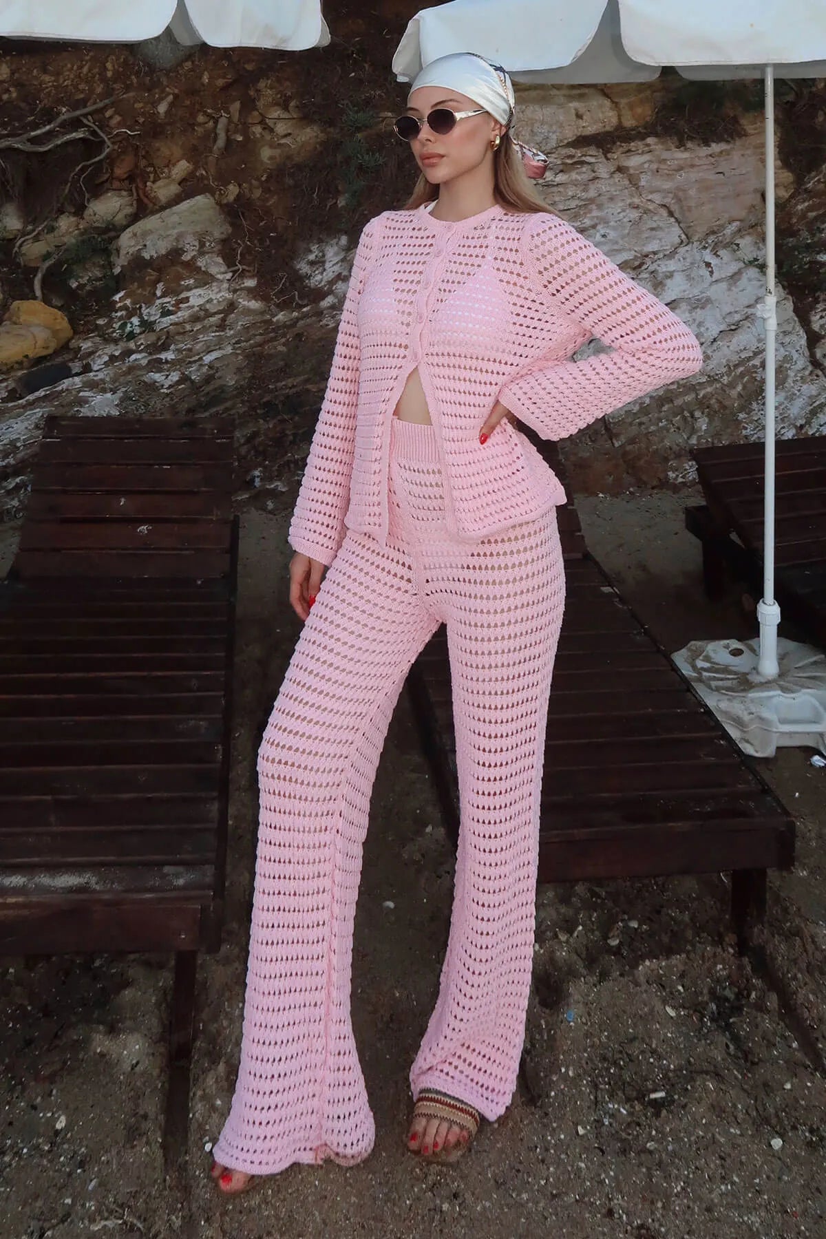 Pembe Ajurlu Hırka-Pantolon Kadın Triko Alt Üst Plaj Takım