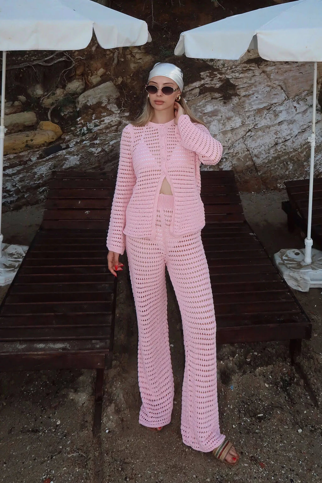 Pembe Ajurlu Hırka-Pantolon Kadın Triko Alt Üst Plaj Takım