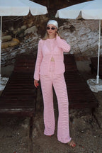 Pembe Ajurlu Hırka-Pantolon Kadın Triko Alt Üst Plaj Takım