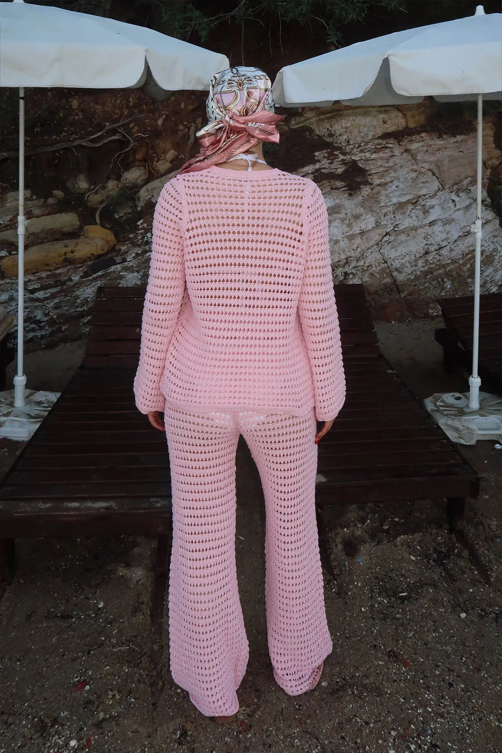 Pembe Ajurlu Hırka-Pantolon Kadın Triko Alt Üst Plaj Takım