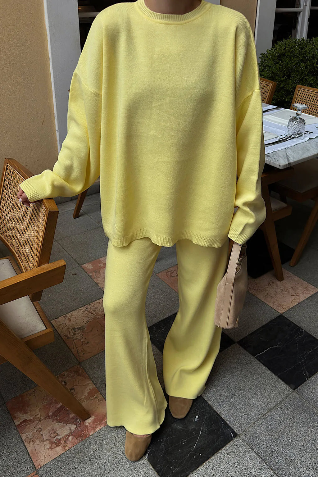 Sarı Bisiklet Yaka Oversize Kazak-Pantolon Örgü Kadın Alt-Üst Takım