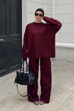 Bordo Bisiklet Yaka Oversize Kazak-Pantolon Örgü Kadın Alt-Üst Takım