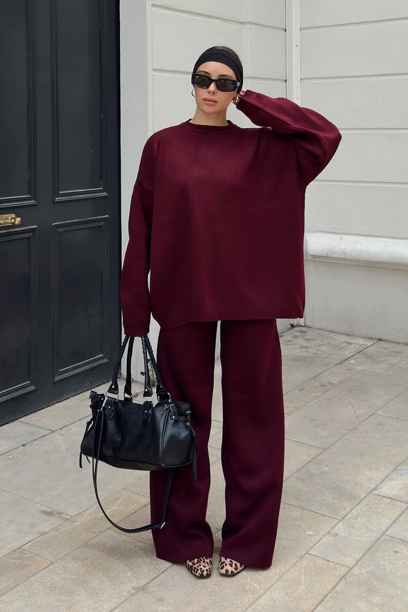 Bordo Bisiklet Yaka Oversize Kazak-Pantolon Örgü Kadın Alt-Üst Takım