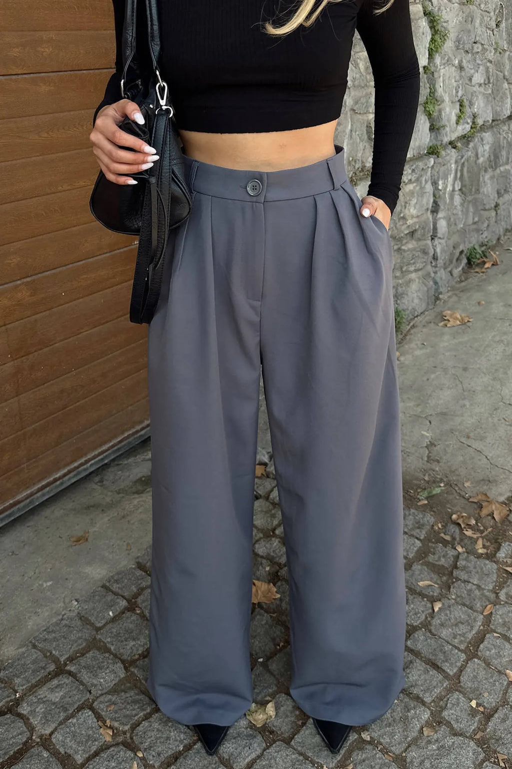 Füme 3 Pileli Yüksek Bel Cepli Bol Paça Kadın Palazzo Pantolon