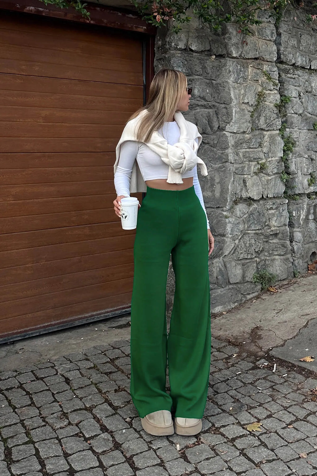 Yeşil Yüksek Bel Beli Lastikli Kadın Triko Pantolon