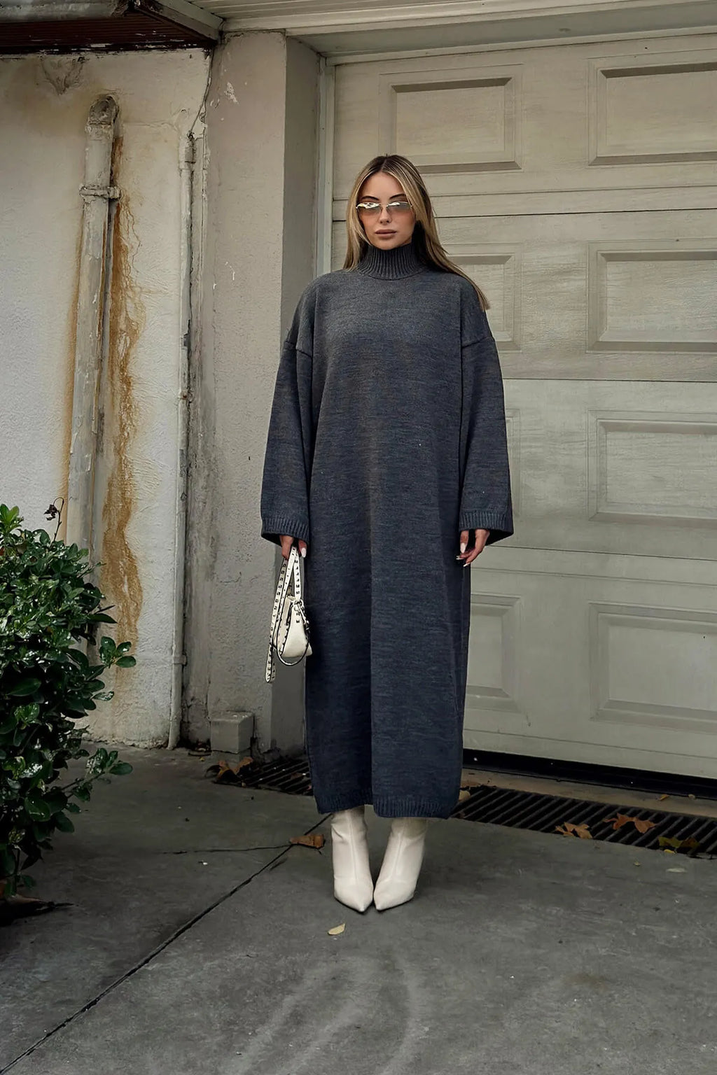 Füme Daly Yarım Balıkçı Oversize Kadın Triko Midi Elbise