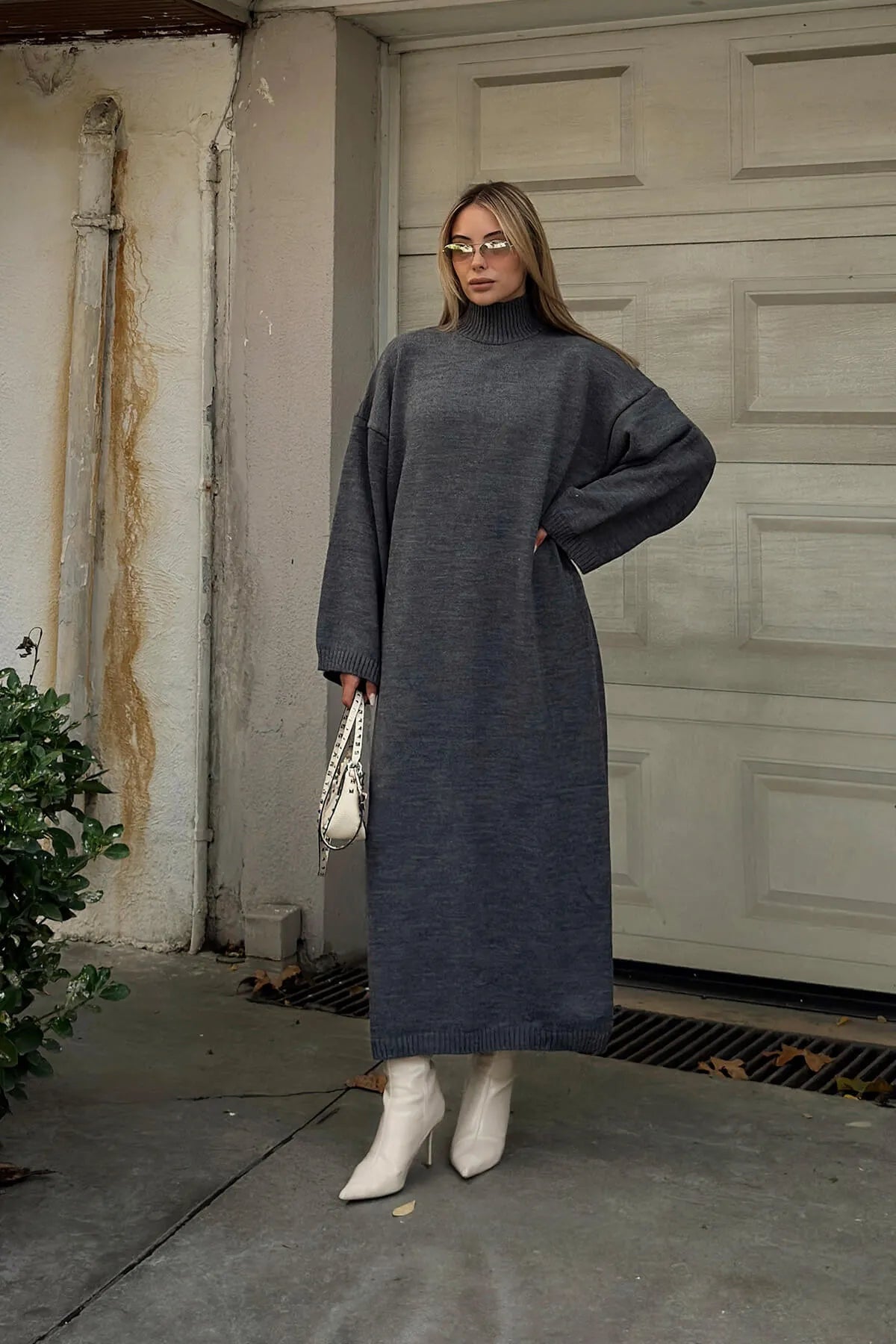 Füme Daly Yarım Balıkçı Oversize Kadın Triko Midi Elbise