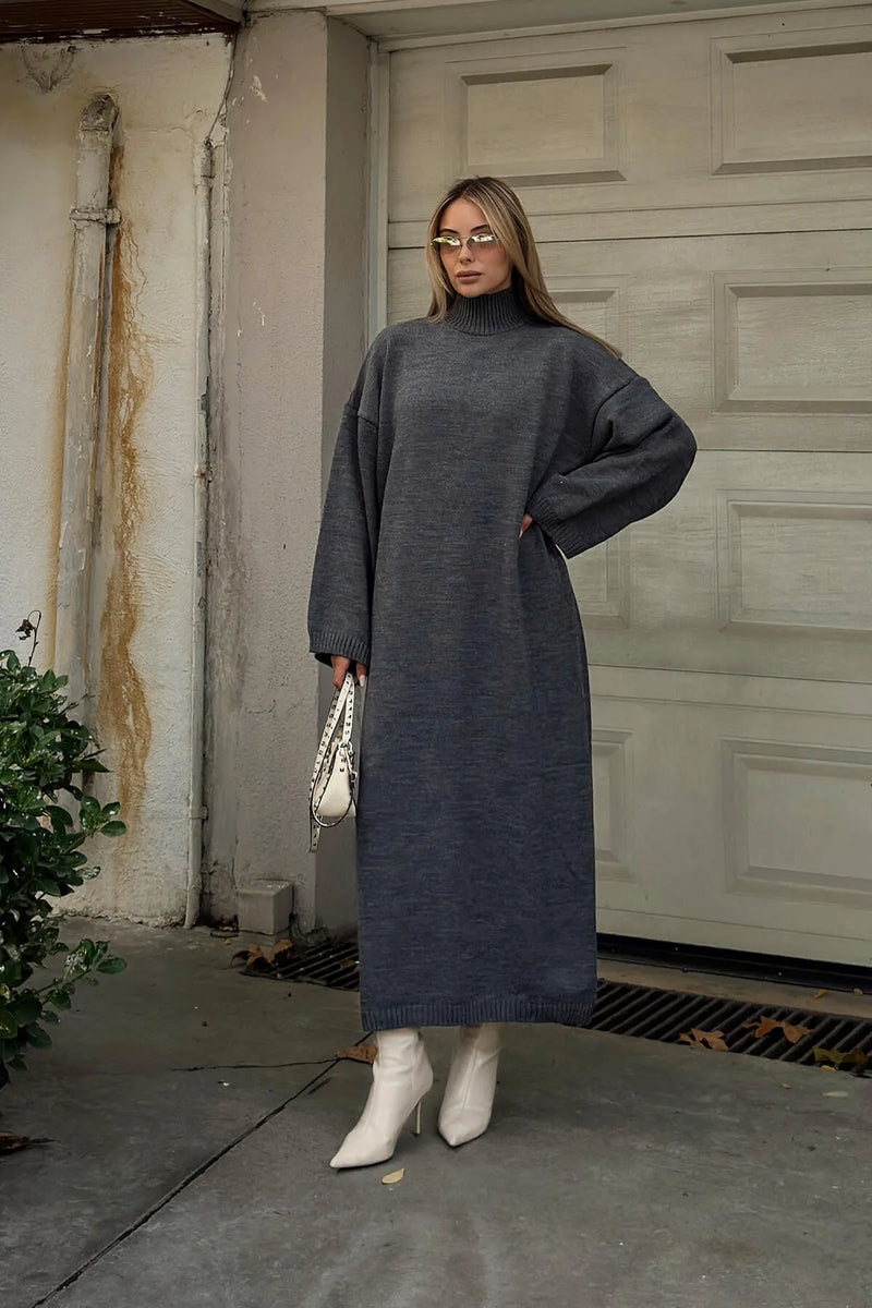Füme Daly Yarım Balıkçı Oversize Kadın Triko Midi Elbise