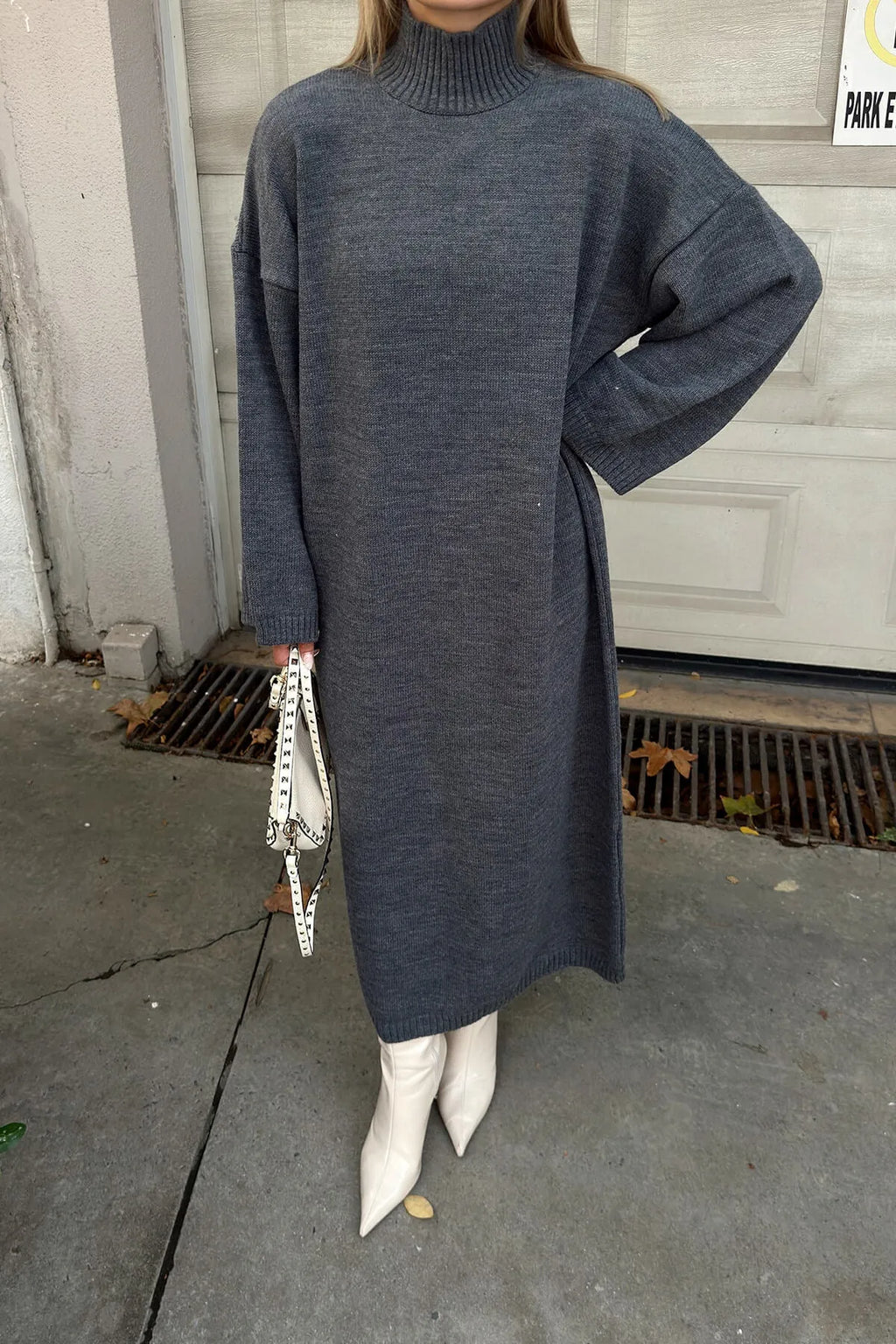 Füme Daly Yarım Balıkçı Oversize Kadın Triko Midi Elbise