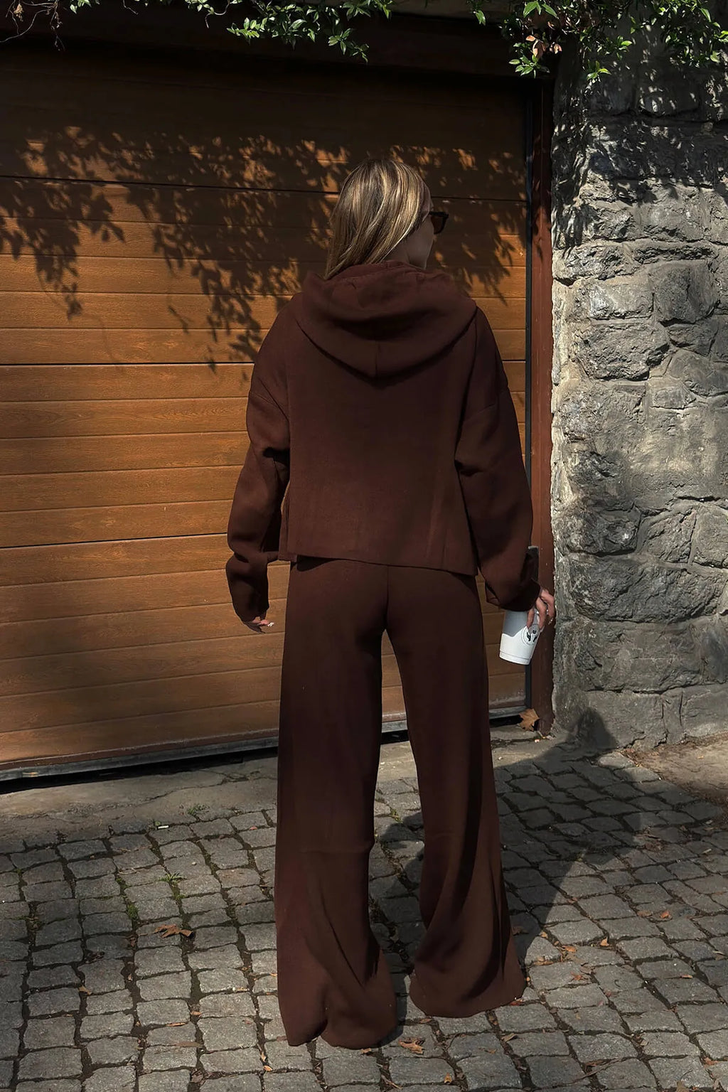 Kahverengi Çimalı Kapüşonlu Hırka-Pantolon Oversize Kadın Triko Alt Üst Takım