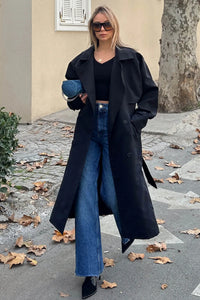 Siyah Oversize Kuşaklı Kruvaze Yaka Apoletli Kadın Midi Trençkot