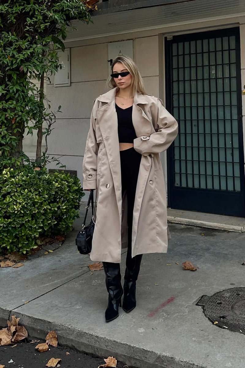 Bej Oversize Kuşaklı Kruvaze Yaka Apoletli Kadın Midi Trençkot