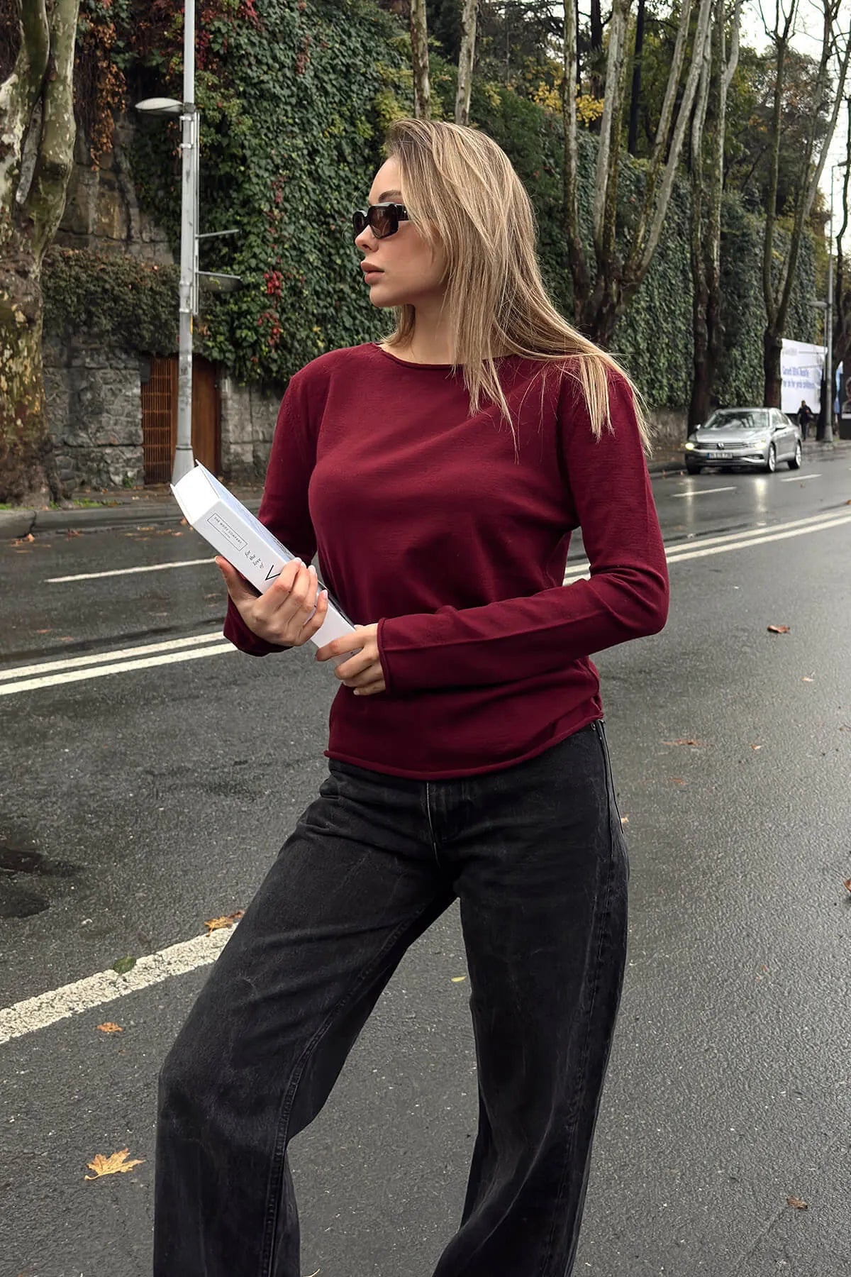 Bordo Kayık Yaka Basic Kadın Korsman Triko Bluz