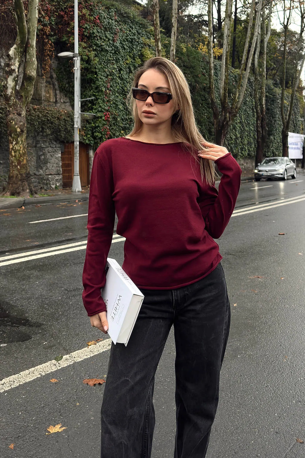 Bordo Kayık Yaka Basic Kadın Korsman Triko Bluz