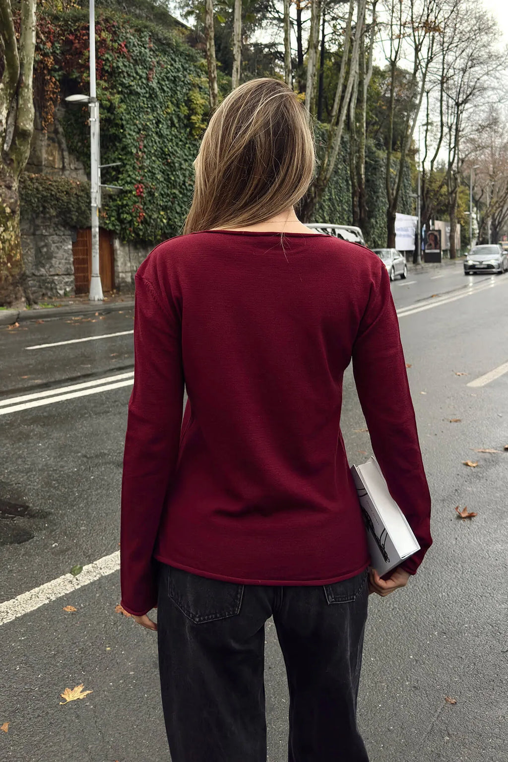 Bordo Kayık Yaka Basic Kadın Korsman Triko Bluz