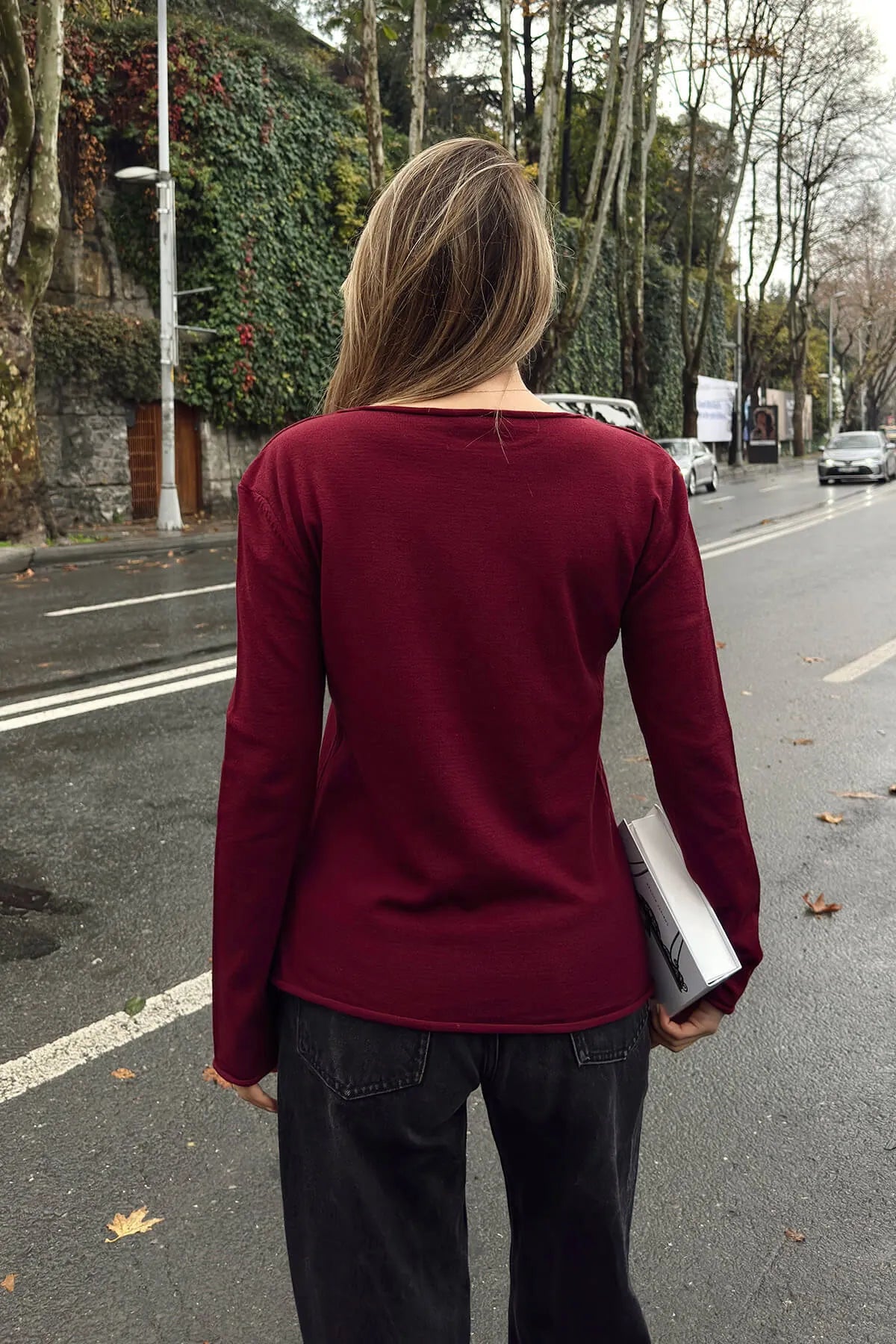 Bordo Kayık Yaka Basic Kadın Korsman Triko Bluz