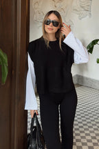 Siyah Bisiklet Yaka Beyaz Kol Garnili Kadın Crop Sweat