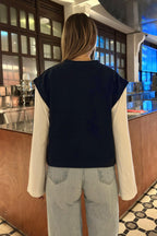 Lacivert Bisiklet Yaka Beyaz Kol Garnili Kadın Crop Sweat