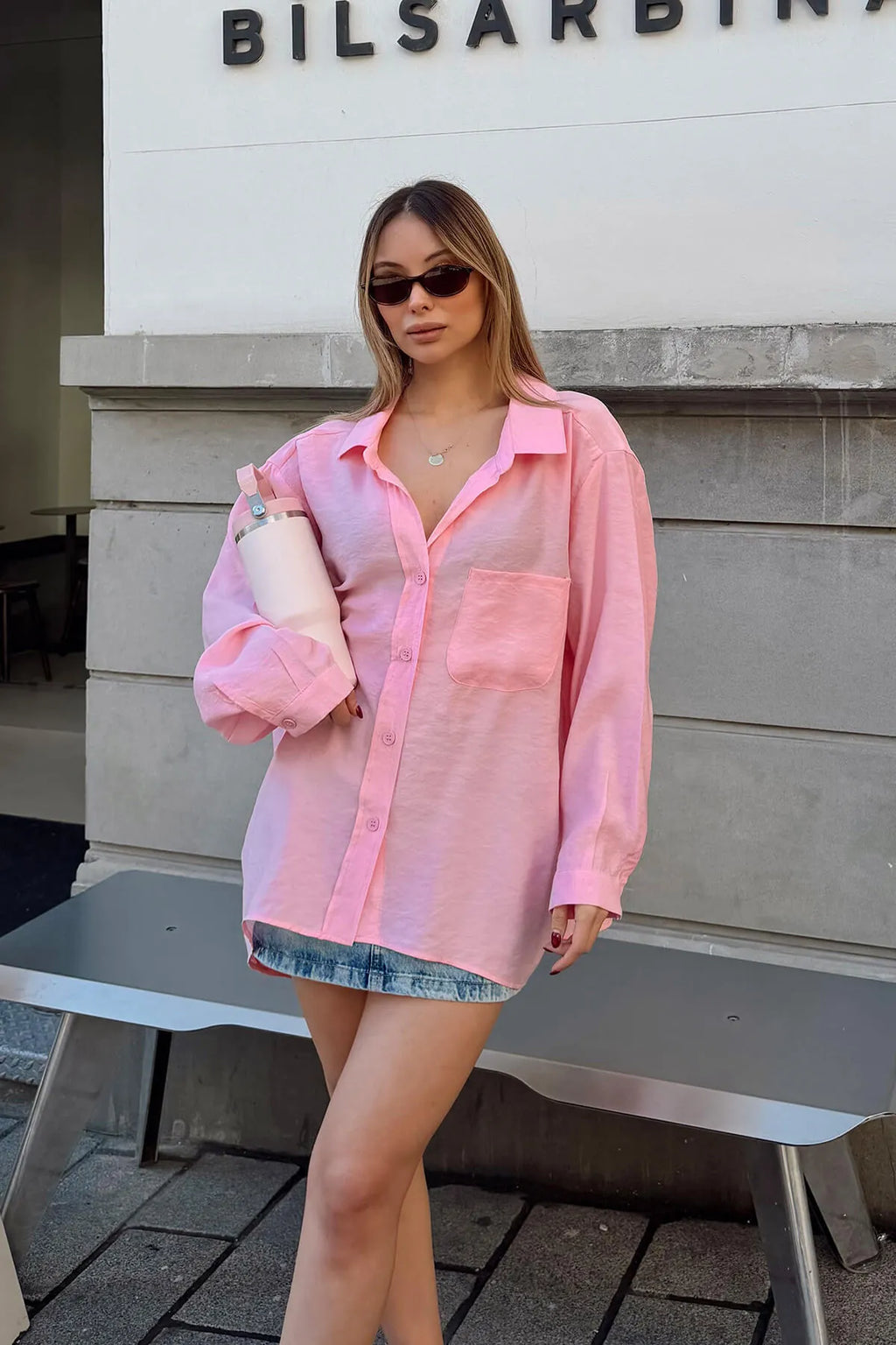 Pembe Oversize Tek Cepli Rahat Kalıp Kadın Gömlek