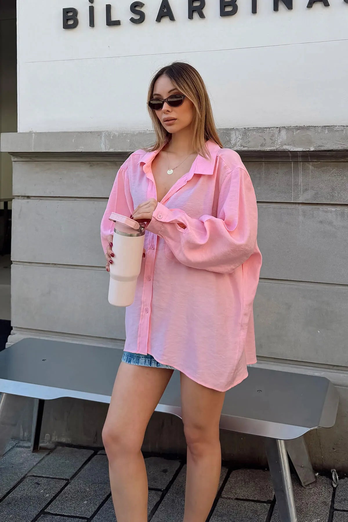 Pembe Oversize Tek Cepli Rahat Kalıp Kadın Gömlek