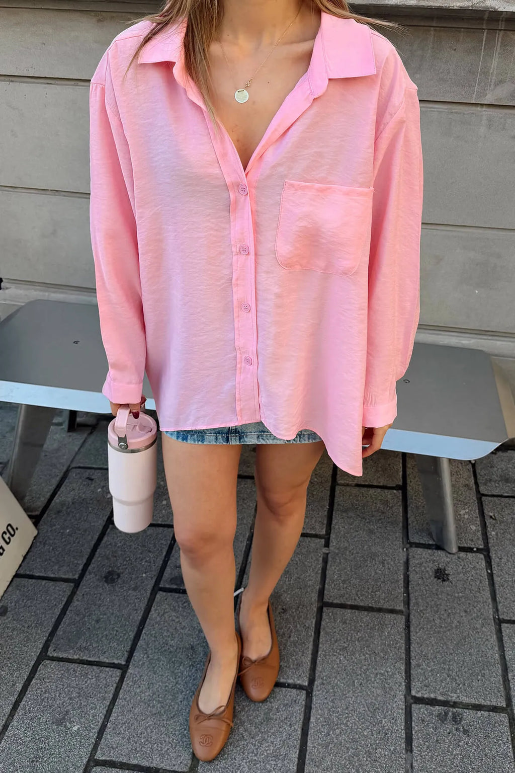 Pembe Oversize Tek Cepli Rahat Kalıp Kadın Gömlek