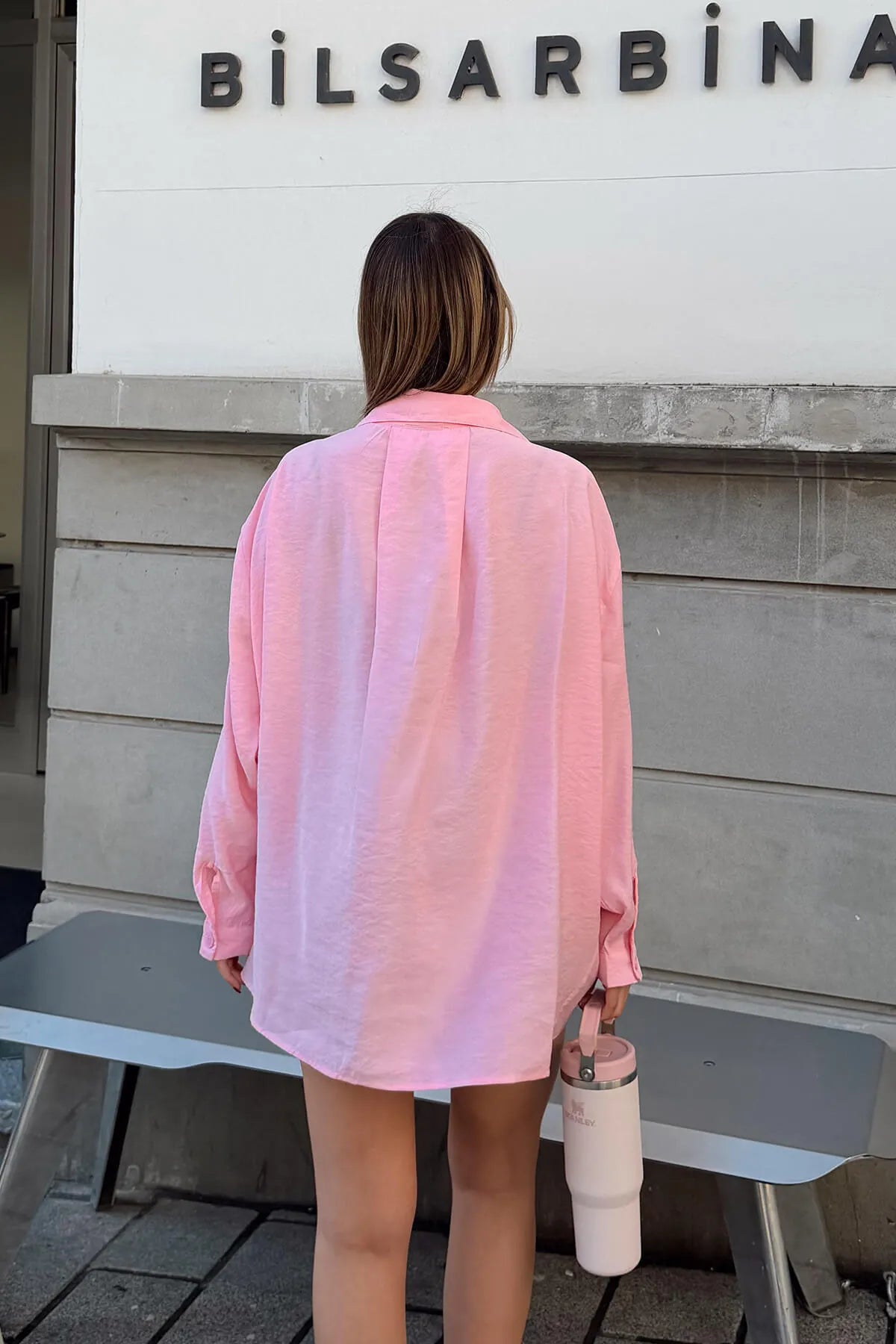 Pembe Oversize Tek Cepli Rahat Kalıp Kadın Gömlek