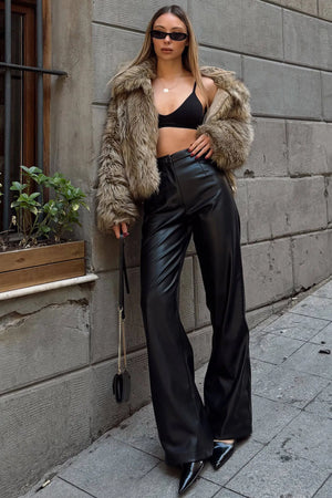 Siyah Pensli Yüksek Bel Suni Deri Kadın Palazzo Pantolon