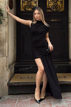 Siyah Sıfır Kol Kuyruk Detay Full Drapeli Kadın Sandy Elbise