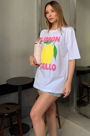 Beyaz Limon Baskılı Bisiklet Yaka Kadın T-shirt