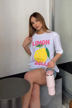 Beyaz Limon Baskılı Bisiklet Yaka Kadın T-shirt