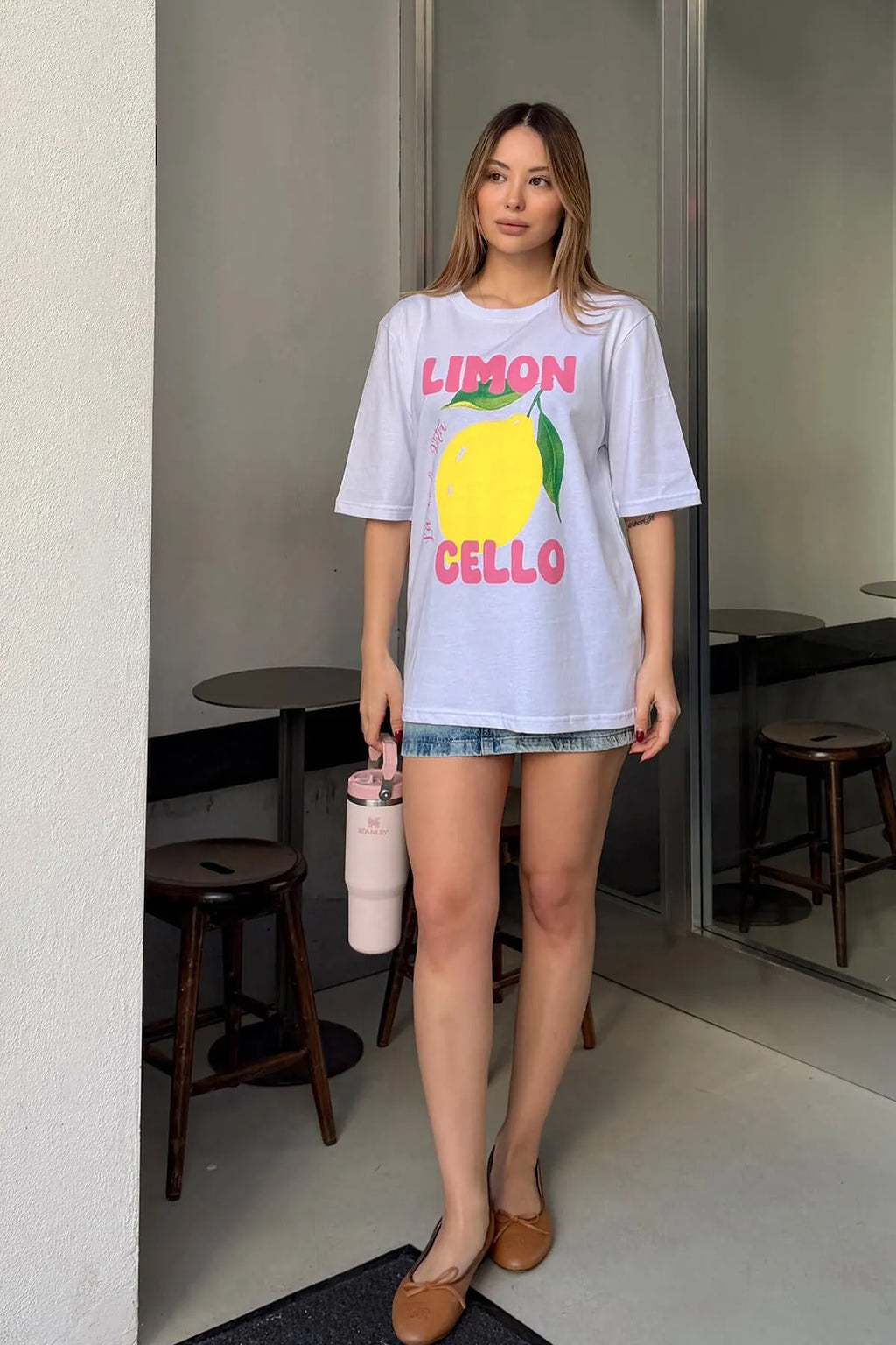 Beyaz Limon Baskılı Bisiklet Yaka Kadın T-shirt