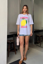Beyaz Limon Baskılı Bisiklet Yaka Kadın T-shirt