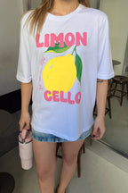 Beyaz Limon Baskılı Bisiklet Yaka Kadın T-shirt