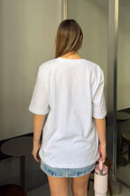 Beyaz Limon Baskılı Bisiklet Yaka Kadın T-shirt