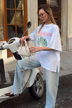 Beyaz İstiridye Baskılı Oversize Yırtmaçlı Kadın T-shirt