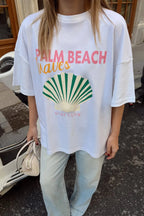 Beyaz İstiridye Baskılı Oversize Yırtmaçlı Kadın T-shirt