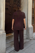 Kahverengi Kısa Kol Bağlama Detay Uzun Gömlek-Pantolon Kadın Alt Üst Takım