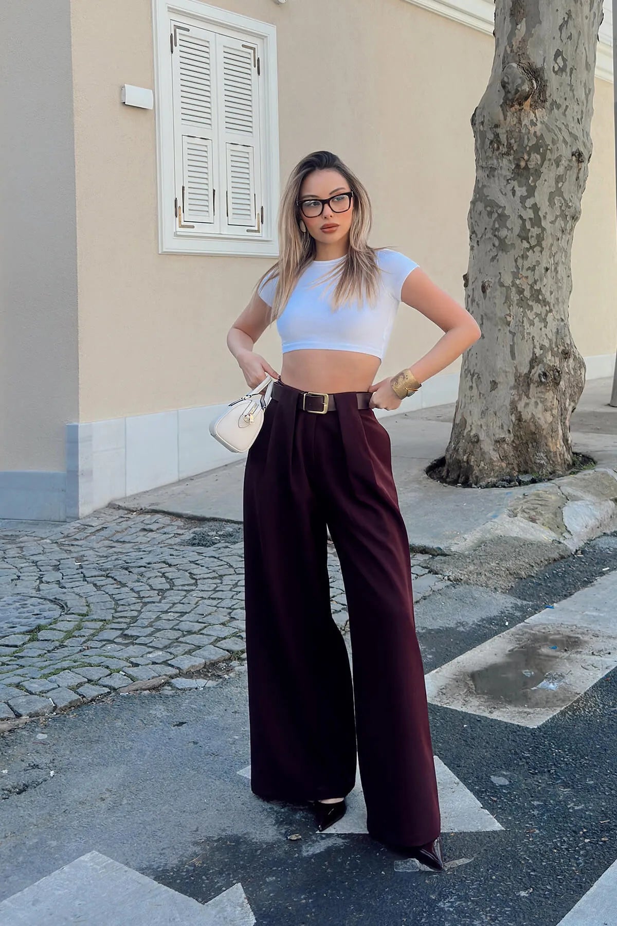 Bordo Nikki Pile Detaylı Kemerli Bol Paça Kadın Palazzo Pantolon