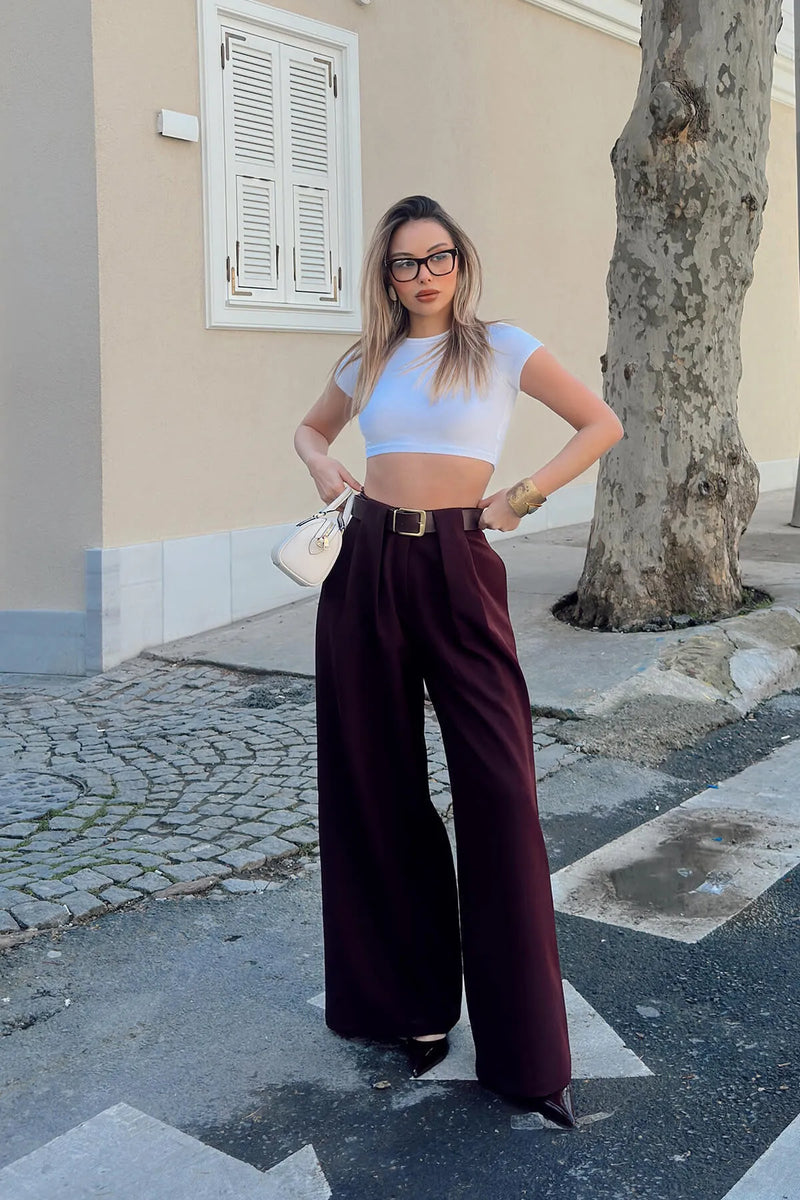 Bordo Nikki Pile Detaylı Kemerli Bol Paça Kadın Palazzo Pantolon