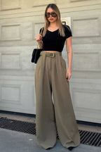 Haki Nikki Pile Detaylı Kemerli Bol Paça Kadın Palazzo Pantolon