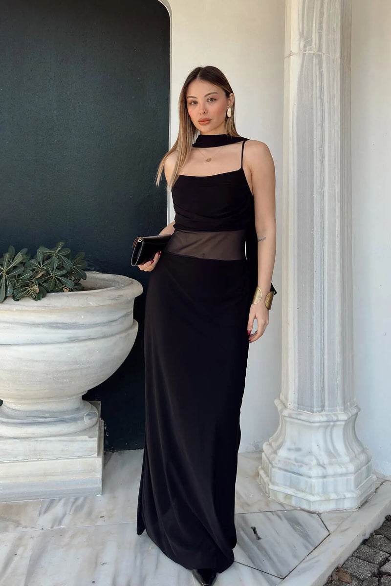 Siyah Bel Tül Dekolteli Askılı Şal Detaylı Kadın Sandy Elbise