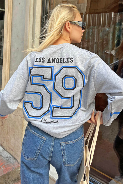 Gri Los 59 Ön-Arka Baskılı Oversize Kadın Sweatshirt 