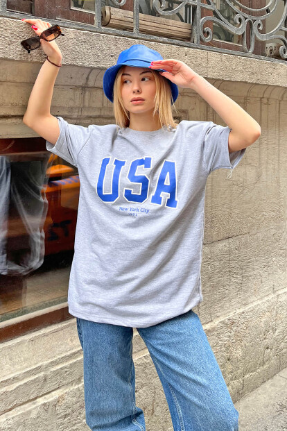 Gri USA Baskılı Oversize Kadın Tshirt - 2