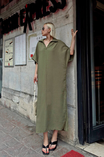Haki Rose Polo Yaka Salaş Yırtmaçlı Keten Karışımlı Kadın Midi Elbise - 3