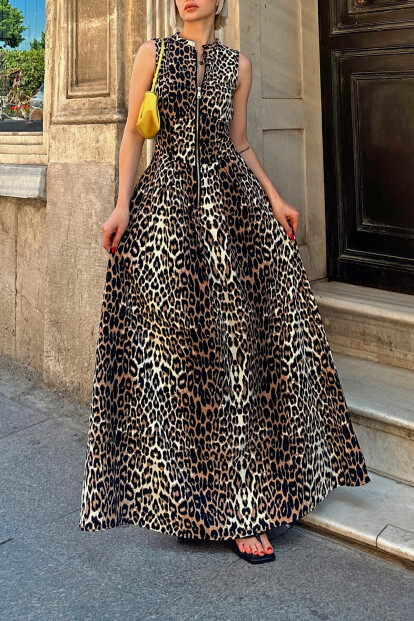 Kahverengi Cris Leopar Desenlı Fermuarlı Çift Cep Pileli Kadın Midi Elbise - 4