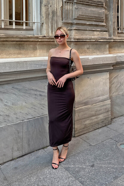 Kahverengi Gigi Straplez Kadın Midi Boy Elbise - 3