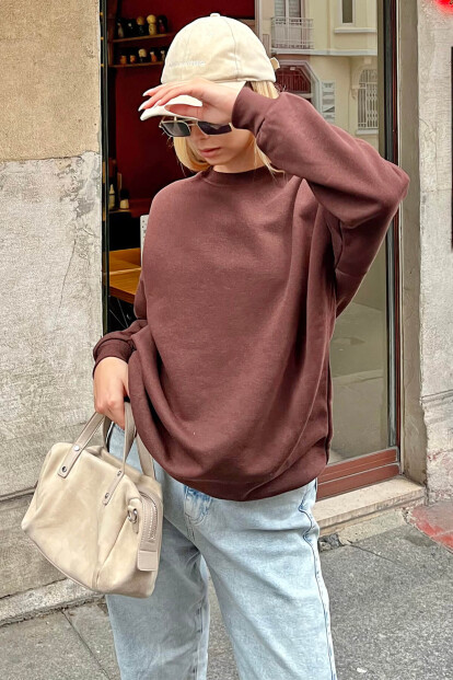 Kahverengi İçi Pamuklu Kadın Basic Sweatshirt 