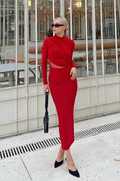 Kırmızı Bel Tül Dekolteli Yarım Balıkçı Drapeli Kadın Midi Elbise - 2